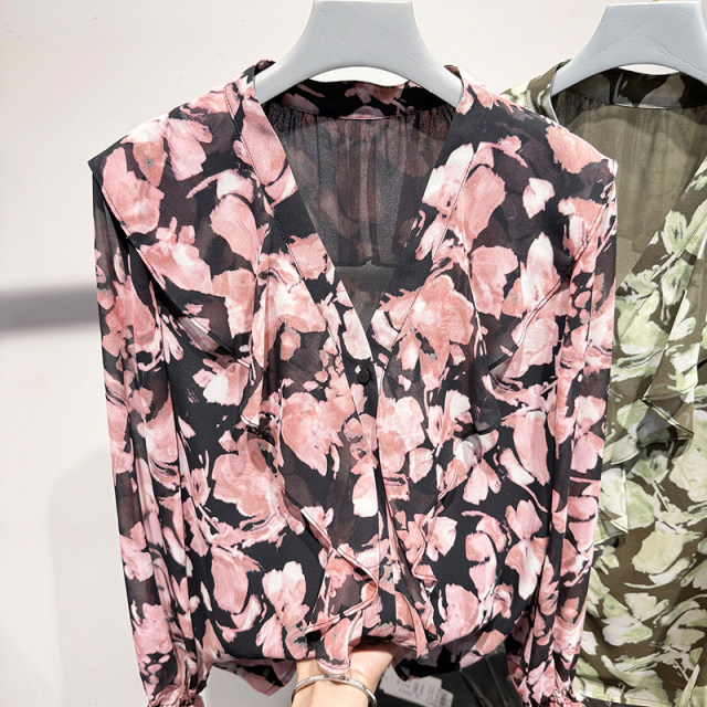2025 new Korean style retro V-neck ruffle printed pullover long-sleeved chiffon shirt for women