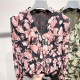 2025 new Korean style retro V-neck ruffle printed pullover long-sleeved chiffon shirt for women