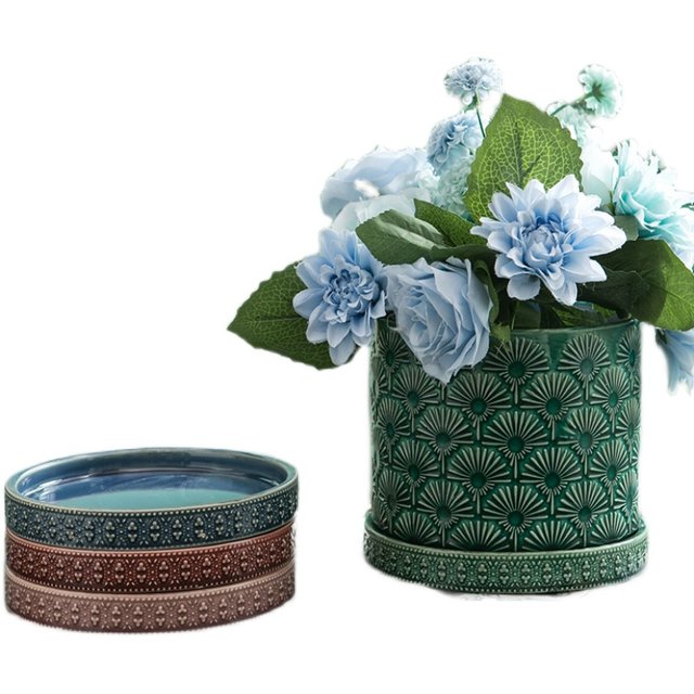MimiHome export flower pot ceramic tray water connection tray green plant chassis circular base embossed ice crack flower pot holder