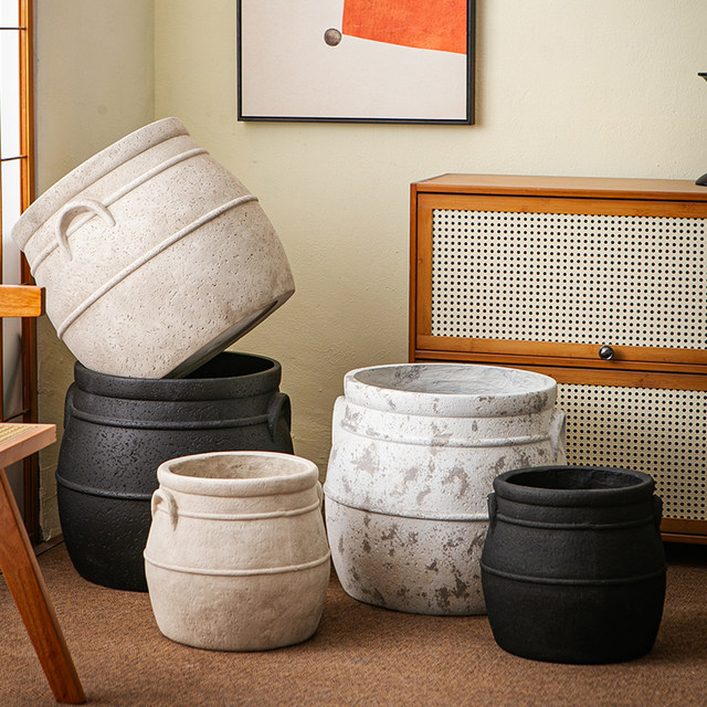 Retro flower pot bottle vintage earthenware jar magnesium mud flower pot flower pot flower pot B&B Wasabi wind black diamond floor decoration ornament
