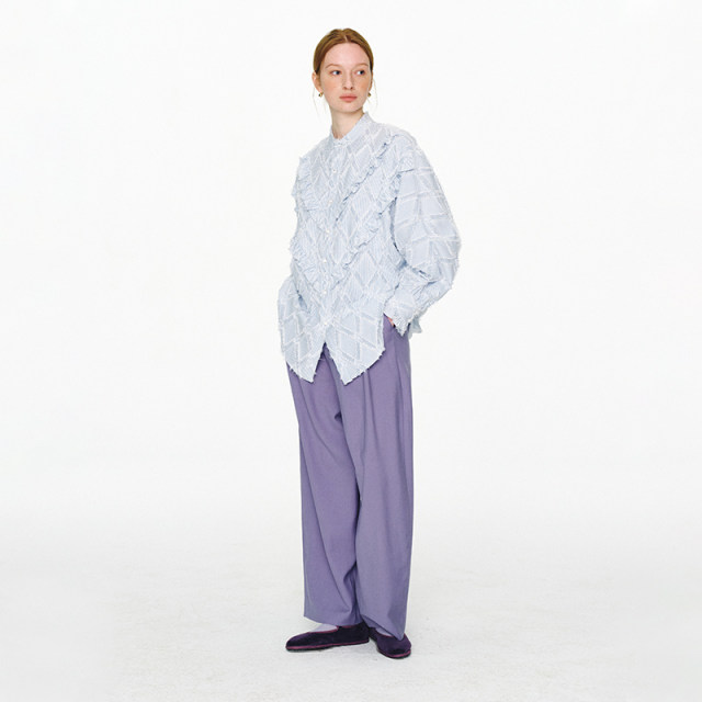 ItoshIroshI color woven striped jacquard tassel stand collar ruffled three-dimensional mid-length shirt Jump link
