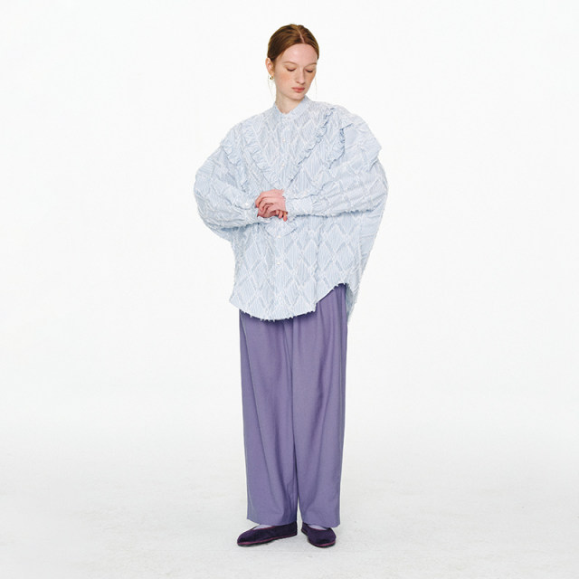 ItoshIroshI color woven striped jacquard tassel stand collar ruffled three-dimensional mid-length shirt Jump link
