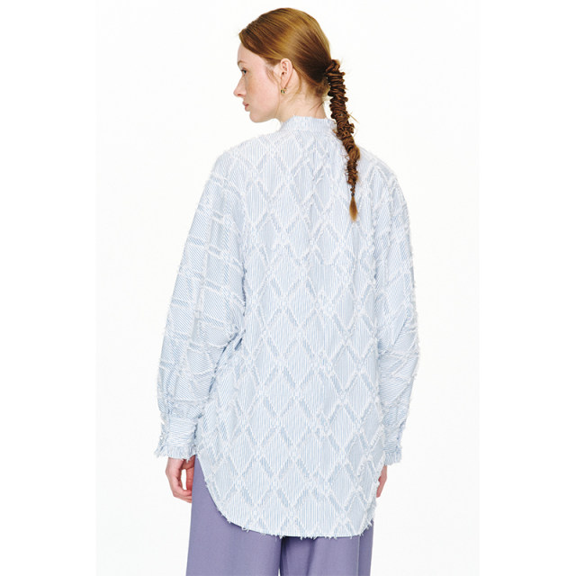 ItoshIroshI color woven striped jacquard tassel stand collar ruffled three-dimensional mid-length shirt Jump link
