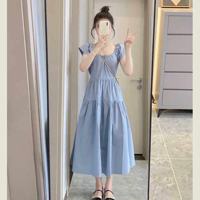 French square neck small flying sleeves loose high waist slim dress for women summer blue gentle style fairy skirt