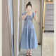 French square neck small flying sleeves loose high waist slim dress for women summer blue gentle style fairy skirt