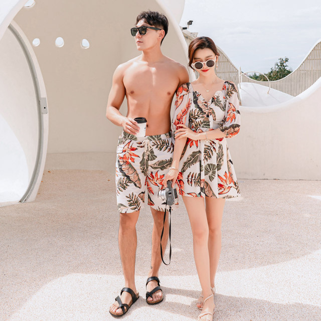 Couple swimsuit 2025 new women's conservative belly-covering and slimming skirt-style swimsuit men's beach swimming trunks soak in hot spring

