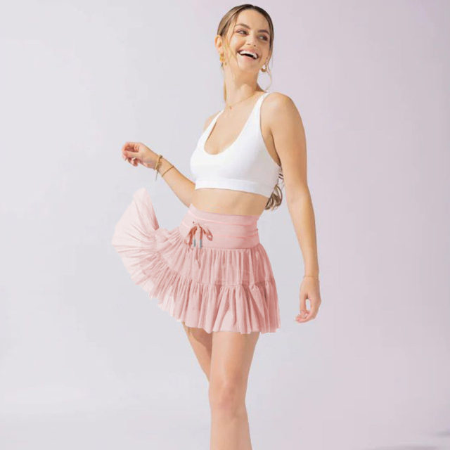 Korean super short skirt for women in summer high waist anti-exposure yoga fitness exercise mesh pleated puff tennis skirt
