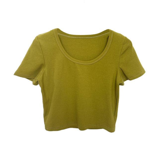 Gray round neck short-sleeved T-shirt women's 2025 summer new large neckline front shoulder slim half-sleeved short top