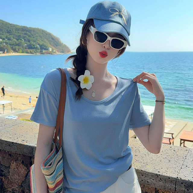 Green V-neck Modal short-sleeved T-shirt for women's summer 2025 new style for loose slimming ice silk top