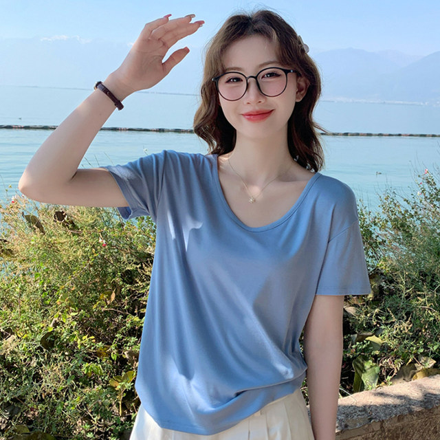 Longmei’s green V-neck modal short-sleeved T-shirt for women’s 2025 summer new loose and beautiful top