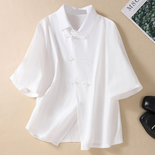 
New Chinese style discount year design niche short-sleeved top black slanted button button shirt summer versatile shirt clean color