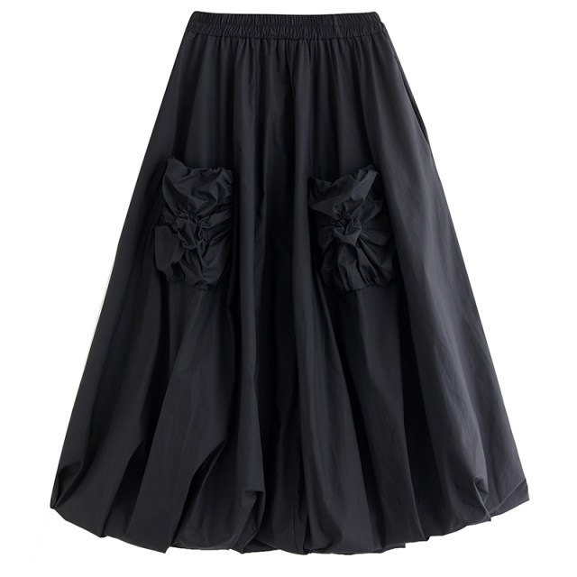 
Discount Spring and summer new loose solid color three-dimensional flower bud pocket collage double-layer lantern skirt versatile fluffy skirt cocoon shape