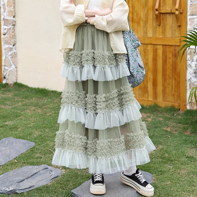 French niche design feel romantic and sweet multi-layer contrasting lace mesh skirt summer high-waisted A-line skirt looks good