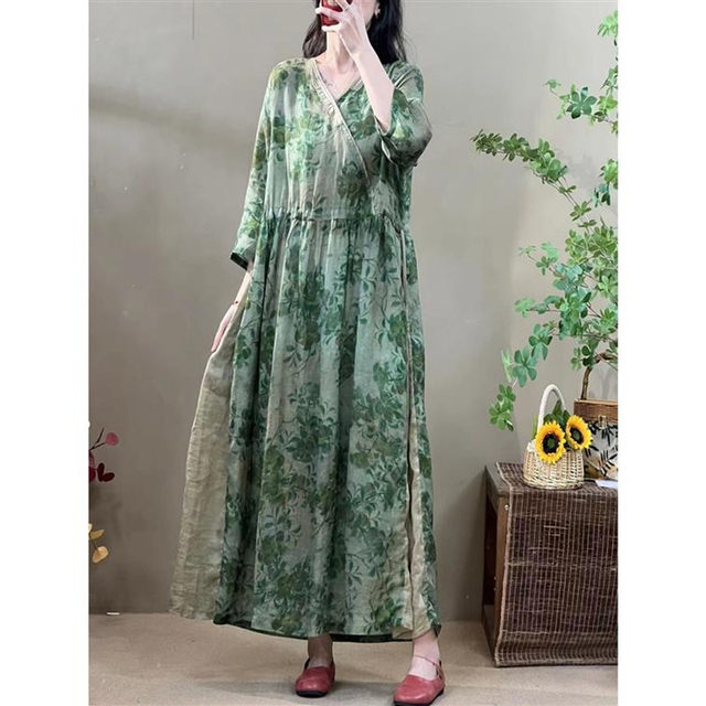 
Discounted summer new retro literary print dress with drawstring loose slim V-neck Chinese style seven-quarter sleeve long skirt