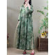 
Discounted summer new retro literary print dress with drawstring loose slim V-neck Chinese style seven-quarter sleeve long skirt