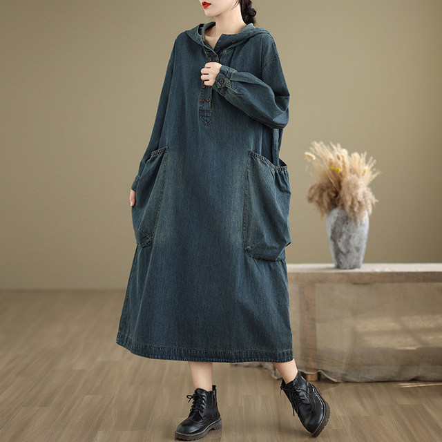 New spring and autumn hooded casual loose denim long-sleeved dress for women blue foreign trade export medium-length hidden meat
