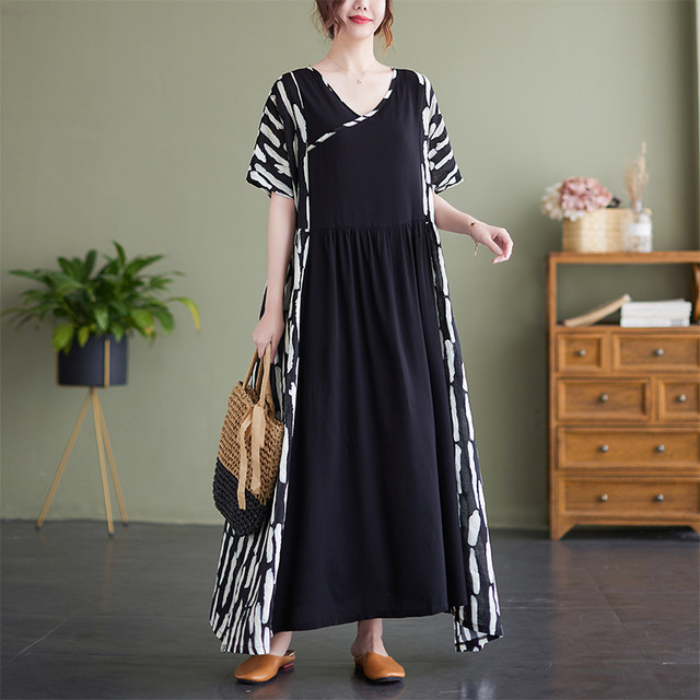 
Discount simple and fashionable bohemian long skirt for summer new fat plus size short sleeve V-neck printed dress