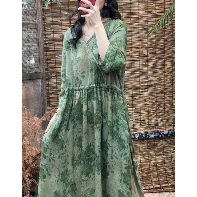 
Discounted summer new retro literary print dress with drawstring loose slim V-neck Chinese style seven-quarter sleeve long skirt