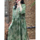 
Discounted summer new retro literary print dress with drawstring loose slim V-neck Chinese style seven-quarter sleeve long skirt