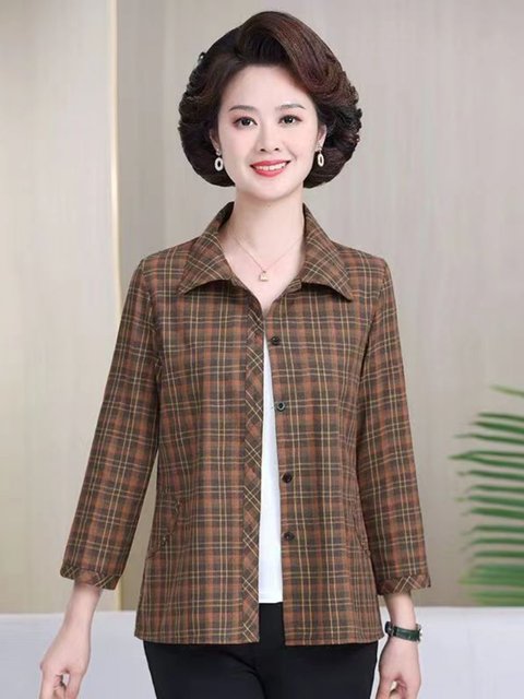 Mom cotton shirt female long -sleeved whole cotton spring and autumn clothes middle -aged and elderly mother -in -law shirt grid shirt female loose size
