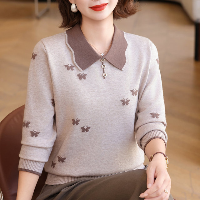 Autumn and winter style lapel cashmere sweater women's knitted top for middle-aged mothers to reduce age and gain weight plus size bottoming sweater