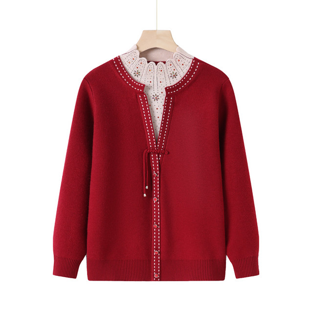 Plus size plus size middle-aged mother fake two-piece national style sweater for women all-in-one velvet new Chinese style wool plus velvet bottoming shirt