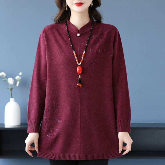 Middle-aged and elderly new Chinese style loose bottoming sweater women's medium-length mother's loose plus fat extra-large size stand-up collar woolen sweater