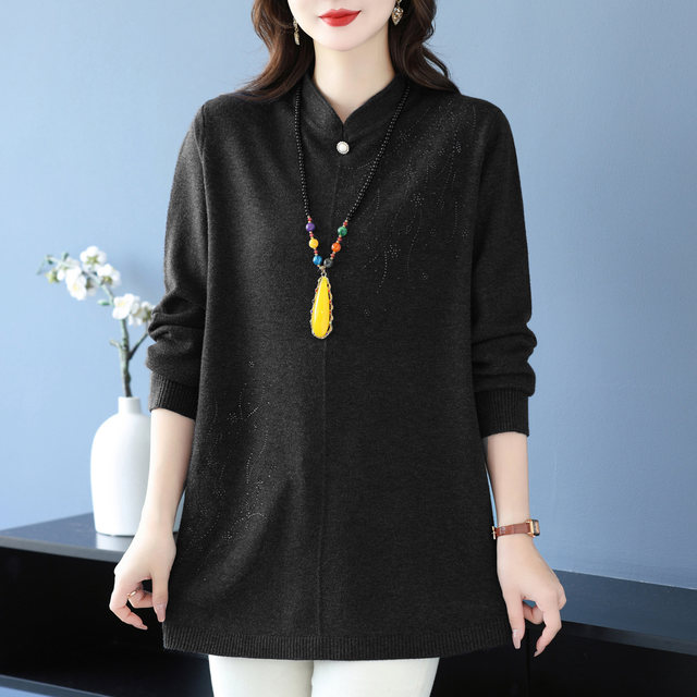 Middle-aged and elderly new Chinese style loose bottoming sweater women's medium-length mother's loose plus fat extra-large size stand-up collar woolen sweater