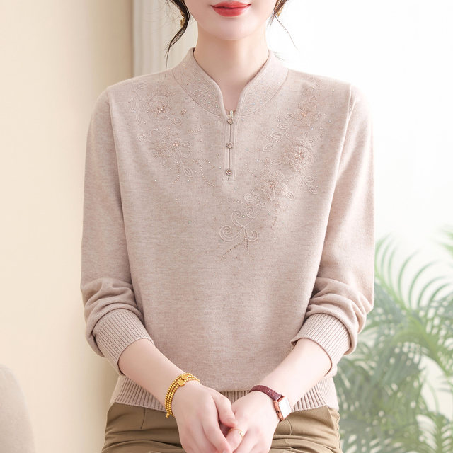 Middle-aged and elderly mothers autumn and winter cheongsam collar cardigan women's new Chinese style plus size plus size foreign style sweater noble top