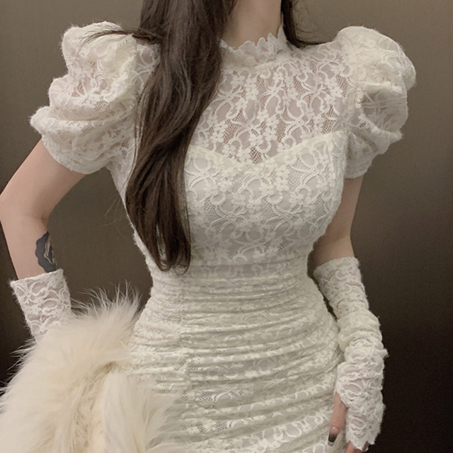 White sexy lace dress Female autumn high -end sense skirt French temperament high -end ladies slim hip skirt
