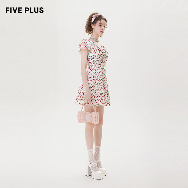 FIVE PLUS floral dress for women French holiday high waist V-neck design skirt Laiser new women's summer clothing