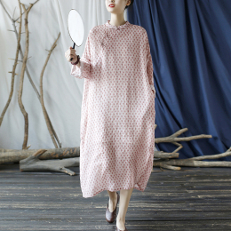 Light ink mahjong national style improved cheongsam pink loose large size robe disc buckle dress Zen tea dress woman