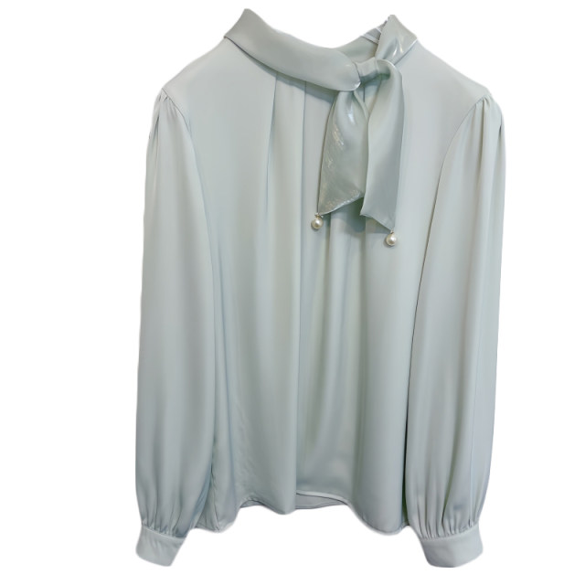 Scarf bow stand collar acetate satin shirt for women in spring and autumn new style loose bottoming white chiffon shirt top