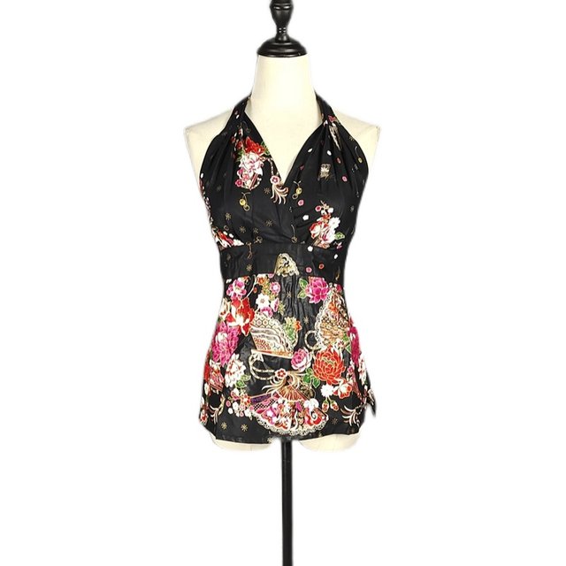 Clear -warehouse hanging neck strap Thai printed top Nepal cotton pine tight black off -the -shoulder short national style female flower

