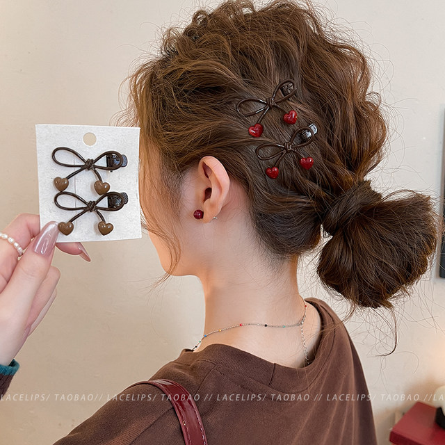 Bow hair clip for women coffee color love side clip side forehead hair clip 2025 new bangs clip high-end headwear