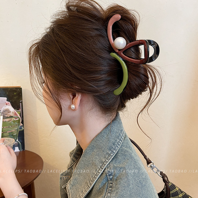 Niche irregular contrast color drop glaze pearl grab clip women's high-end 2025 new large-size shark hair clip headdress