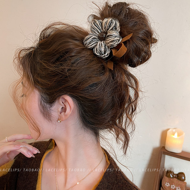 Wool flower bow hair tie for women, high-end, lazy, wind-tied ball hair rope, retro headband, autumn and winter hair accessories