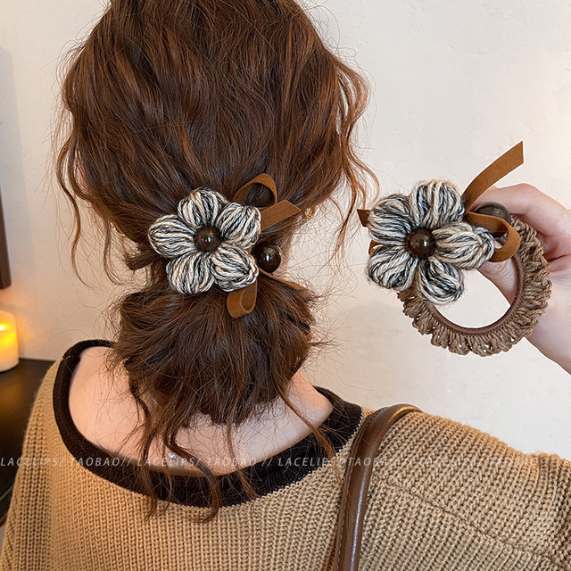 Wool flower bow hair tie for women, high-end, lazy, wind-tied ball hair rope, retro headband, autumn and winter hair accessories