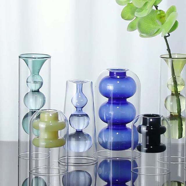 Qinyuanchun's new creative personality European-style double-layer inner knot glass vase home accessories hydroponic flower arrangement ornaments