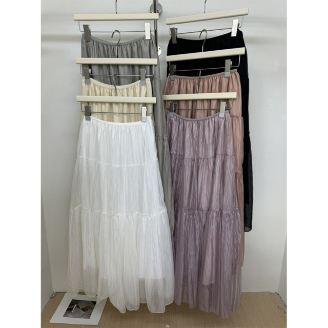 2025 spring colored yarn splicing cake skirt trendy and fashionable versatile elastic waist European loose midi skirt 438