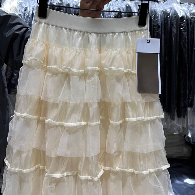 2025 spring apricot gauze cake skirt mid-length skirt trendy elastic waist texture versatile elastic waist high waist 92
