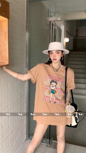 Pink letters printing round neck short -sleeved T -shirt 2023 Summer age reduction cartoon loose large version versatile leisure top