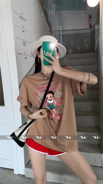 Pink letters printing round neck short -sleeved T -shirt 2023 Summer age reduction cartoon loose large version versatile leisure top