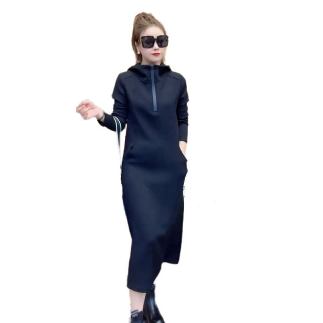 European goods hooded half zipper long -sleeved dress female 2024 autumn new loose and thin fashion long skirt