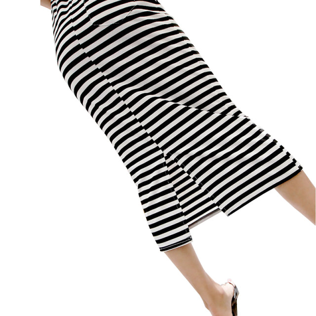 New casual and versatile personality summer mid-length skirt striped hip straight pocket rear slit sports high-waisted skirt