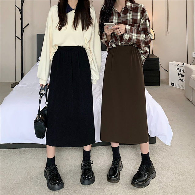 Black skirt mid-length spring and summer large size high waist slimming one-step skirt elastic waist commuting slit A-line long skirt
