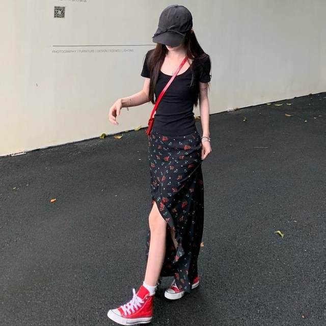 Large size ruffled floral skirt slit skirt for women spring and summer mid-length design high waist slim A-line skirt