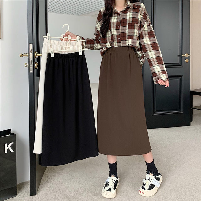 Black skirt mid-length spring and summer large size high waist slimming one-step skirt elastic waist commuting slit A-line long skirt
