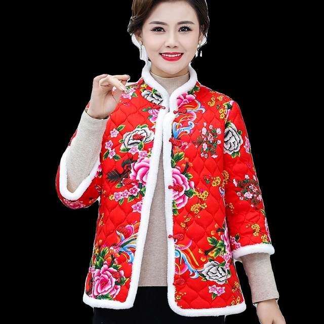 Middle-aged women's autumn and winter vest jacket ethnic style mother retro large flower cotton coat warm mid-sleeved plus velvet small cotton jacket
