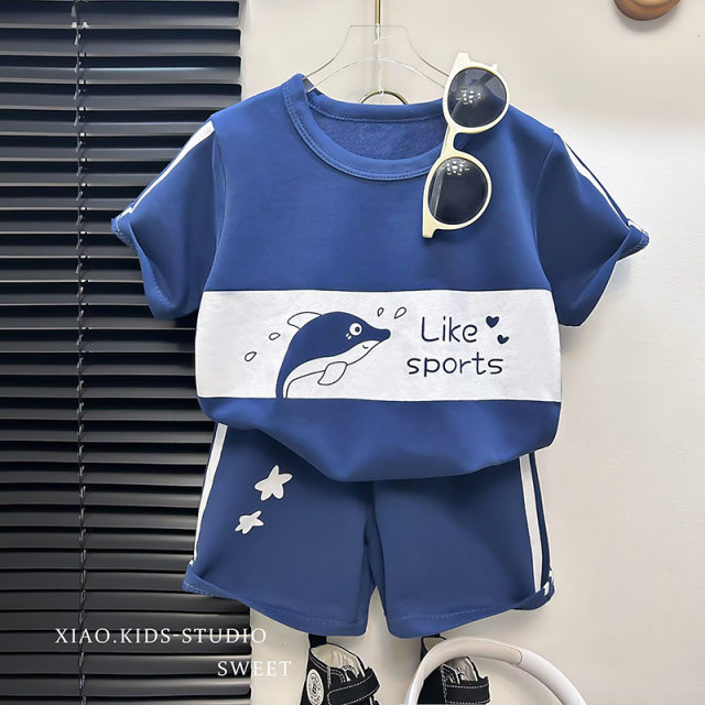 2025 new children's short-sleeved suit striped girls boy T summer baby baby clothes Korean version children's clothing
